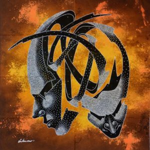 Batik Stoffbild zwei 3-D-Masken, 45 x 50 cm