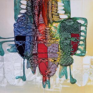 Batik balinesisches Stoffbild 3 Masken, 45 x 75 cm