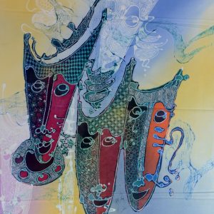 Batik balinesisches Stoffbild drei bunte Masken, 45 x 75 cm