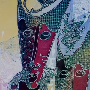 Batik balinesisches Stoffbild drei bunte Masken, 45 x 75 cm