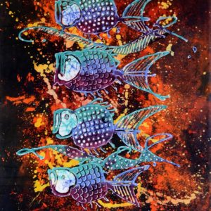 Batik balinesisches Stoffbild Fische-Quartett, 45 x 50 cm
