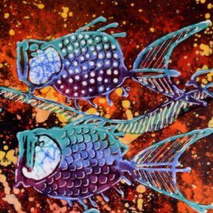 Batik balinesisches Stoffbild Fische-Quartett, 45 x 50 cm