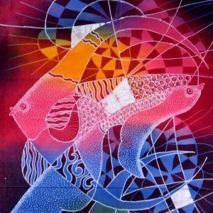 Batik balinesisches Stoffbild 2 Kugel-Fische, 45 x 75 cm
