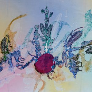 Batik Stoffbild abstrakt rote Sonne, 45 x 75 cm