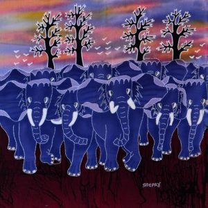 Batik balinesisches Stoffbild Elefanten Familie, 45 x 50 cm