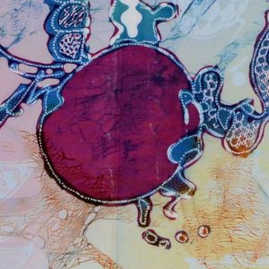 Batik Stoffbild abstrakt rote Sonne, 45 x 75 cm
