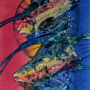 Batik balinesisches Stoffbild 2 Regenbogen Fische, 45 x 75 cm
