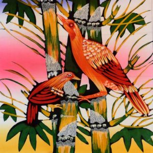 Batik balinesisches Stoffbild 2 rote Vögel, 45 x 50 cm