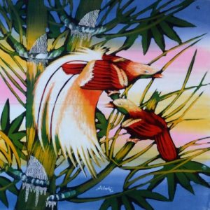 Batik balinesisches Stoffbild Vogelpaar, 45 x 50 cm