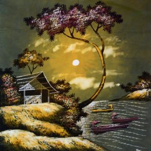 Batik Bild Stoffbild Hütten, 45 x 50 cm