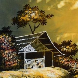 Batik Bild Stoffbild Hütten, 45 x 50 cm