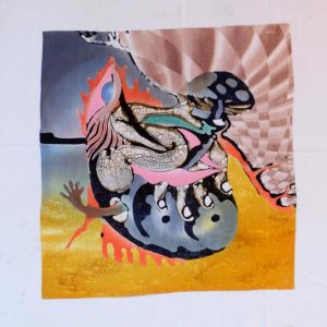 Batik Bild Stoffbild abstraktes Mensch-Tier-Motiv, 45 x 50 cm