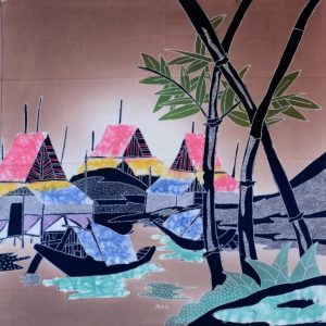 Batik Bild Stoffbild Hütten mit Boote, 45 x 50 cm