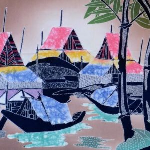 Batik Bild Stoffbild Hütten mit Boote, 45 x 50 cm