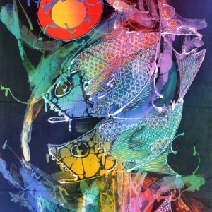 Batik balinesisches Stoffbild Fische mit Sonne, 45 x 75 cm