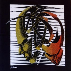 Batik balinesisches Stoffbild zwei farbige 3-D-Masken, 45 x 50 cm