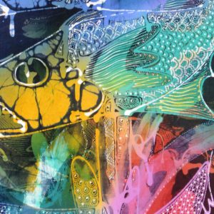 Batik balinesisches Stoffbild Fische mit Sonne, 45 x 75 cm