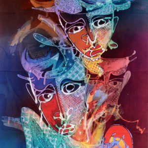 Batik balinesisches Stoffbild vielfarbige Masken, 45 x 75 cm