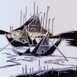 Batik Bild Stoffbild Hütte mit Boote, 45 x 50 cm