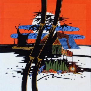 Batik Bild Stoffbild Sonnenuntergang, 45 x 50 cm