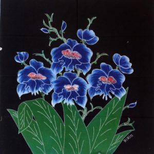 Batik Stoffbild Orchideenblüte blau, 45 x 50 cm