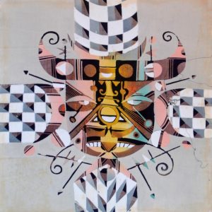 Batik balinesisches Stoffbild Kreuz-Maske, 45 x 50 cm