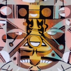 Batik balinesisches Stoffbild Kreuz-Maske, 45 x 50 cm