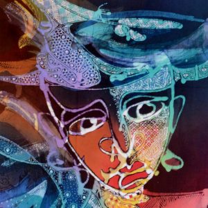 Batik balinesisches Stoffbild vielfarbige Masken, 45 x 75 cm