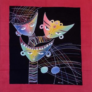 Batik balinesisches Stoffbild Langhals-Masken, 45 x 50 cm