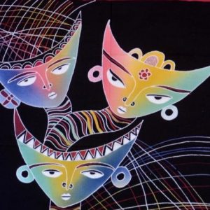 Batik balinesisches Stoffbild Langhals-Masken, 45 x 50 cm