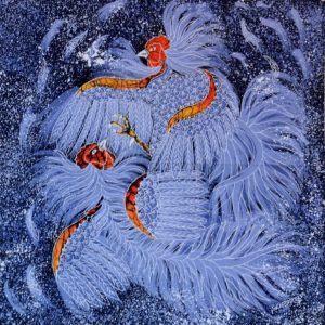 Batik balinesisches Stoffbild Hühner, 45 x 50 cm