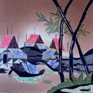 Batik Bild Stoffbild Hütten am Meer, 45 x 50 cm
