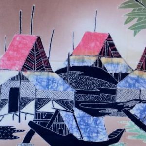 Batik Bild Stoffbild Hütten am Meer, 45 x 50 cm