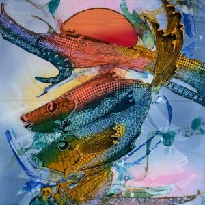 Batik balinesisches Stoffbild zwei Fische, 45 x 75 cm