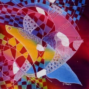 Batik balinesisches Stoffbild farbige Fische, 45 x 50 cm