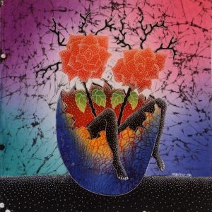Batik balinesisches Stoffbild rote Blumen, 45 x 50 cm