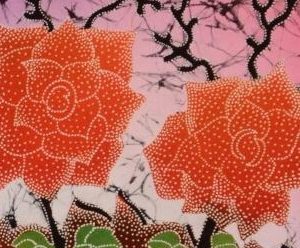 Batik balinesisches Stoffbild rote Blumen, 45 x 50 cm