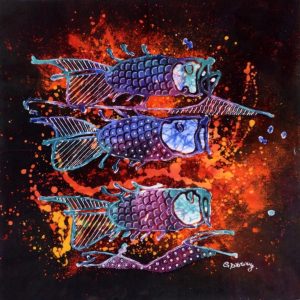 Batik Bild Stoffbild bunte Fische, 45 x 50 cm