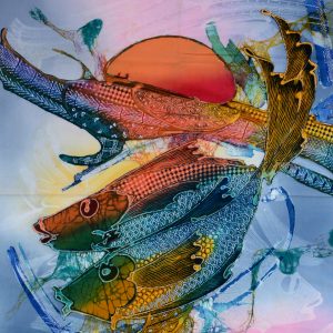 Batik balinesisches Stoffbild zwei Fische, 45 x 75 cm
