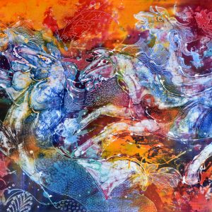 Batik balinesisches Stoffbild Pferde, 90 x 140 cm