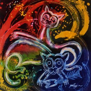 Batik balinesisches Stoffbild zwei Katzen 45 x 50 cm