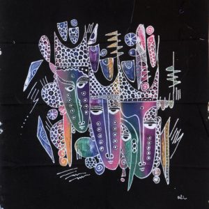 Batik balinesisches Stoffbild Masken Trio, 45 x 50 cm