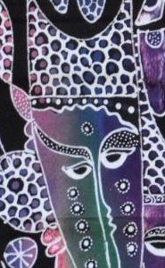 Batik balinesisches Stoffbild Masken Trio, 45 x 50 cm