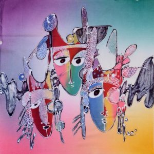 Batik balinesisches Stoffbild drei Masken, 45 x 50 cm