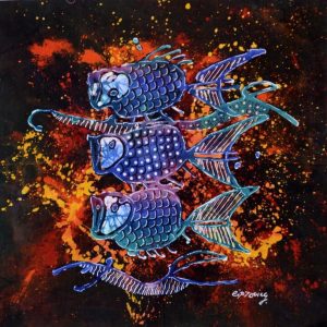 Batik Stoffbild Fische blau, 45 x 50 cm