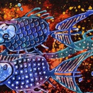 Batik Stoffbild Fische blau, 45 x 50 cm