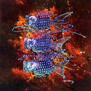 Batik Stoffbild drei Fische, 45 x 50 cm