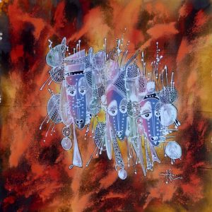Batik balinesisches Stoffbild drei bunte Masken, 45 x 50 cm