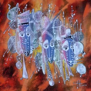 Batik balinesisches Stoffbild drei bunte Masken, 45 x 50 cm