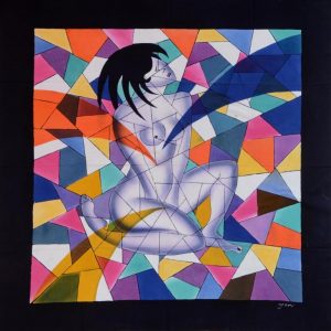 Batik Bild Stoffbild Frau vor Mosaik, 90 x 100 cm